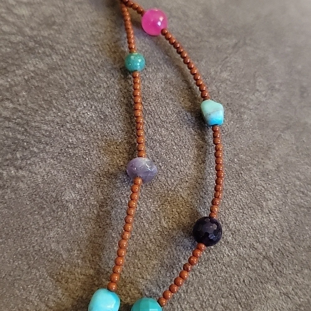Handmade Rainbow Gemstone Beaded Two Strand Necklace